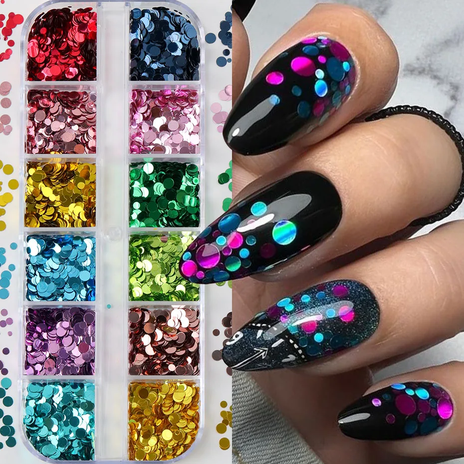 12 Grilles de Paillettes à Ongles Colorées à Pois, Points Métalliques Brillants, Flocons de Paillettes Y2K Dopamine, Fournitures pour Ongles