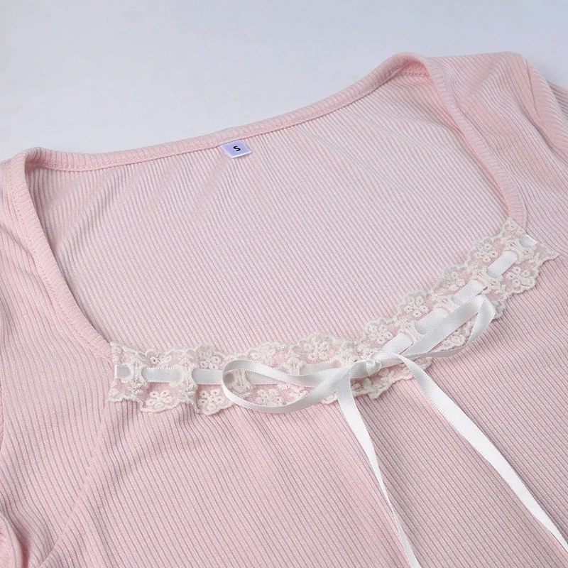 Cute Bandage Bow Cropped Top Pink Sweet Coquette Sweet T Shirts Fall Spring Casual Square Collar Tees Women y2k Aesthetic