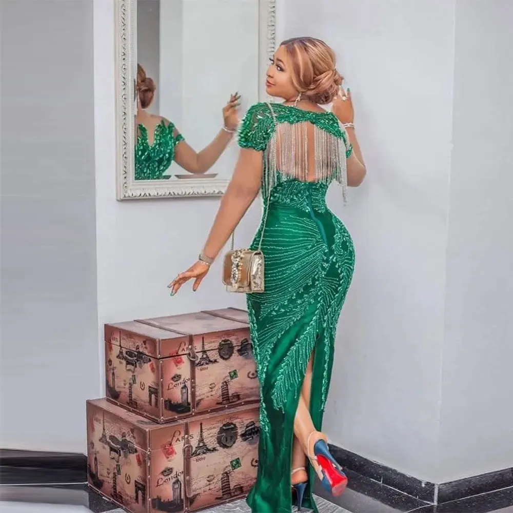 Vestidos de noche con cuentas y purpurina verde, vestidos de fiesta con apliques de lujo para mujer, vestido de sirena hasta el suelo para fiesta de boda, vestido para ocasión Formal