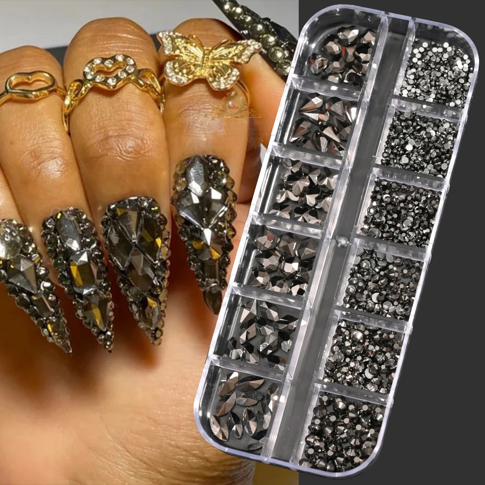 12 Roosters Nail Art Flatback Zwart Kristal Steentjes Kralen Luxe Nagel Bedels 3d Glitter Non Hotfix Diamond Edelstenen Voor Manicure