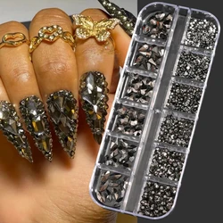 12Grids Nail Art Flatback Black Crystal Rhinestones Beads Luxury Nail Charms 3D Glitter Non Hotfix Diamond Gems For Manicure