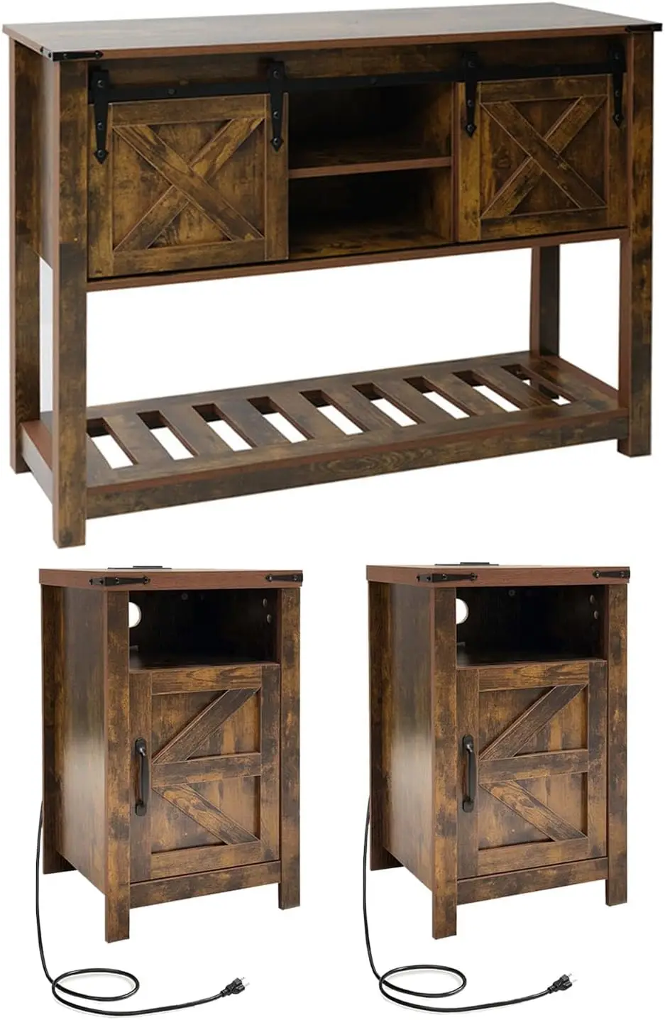 

3 Piece Living Room Tables Set of 3, Farmhouse Entryway Table with Storage and End Tables with Charging Station, Sliding Door Co