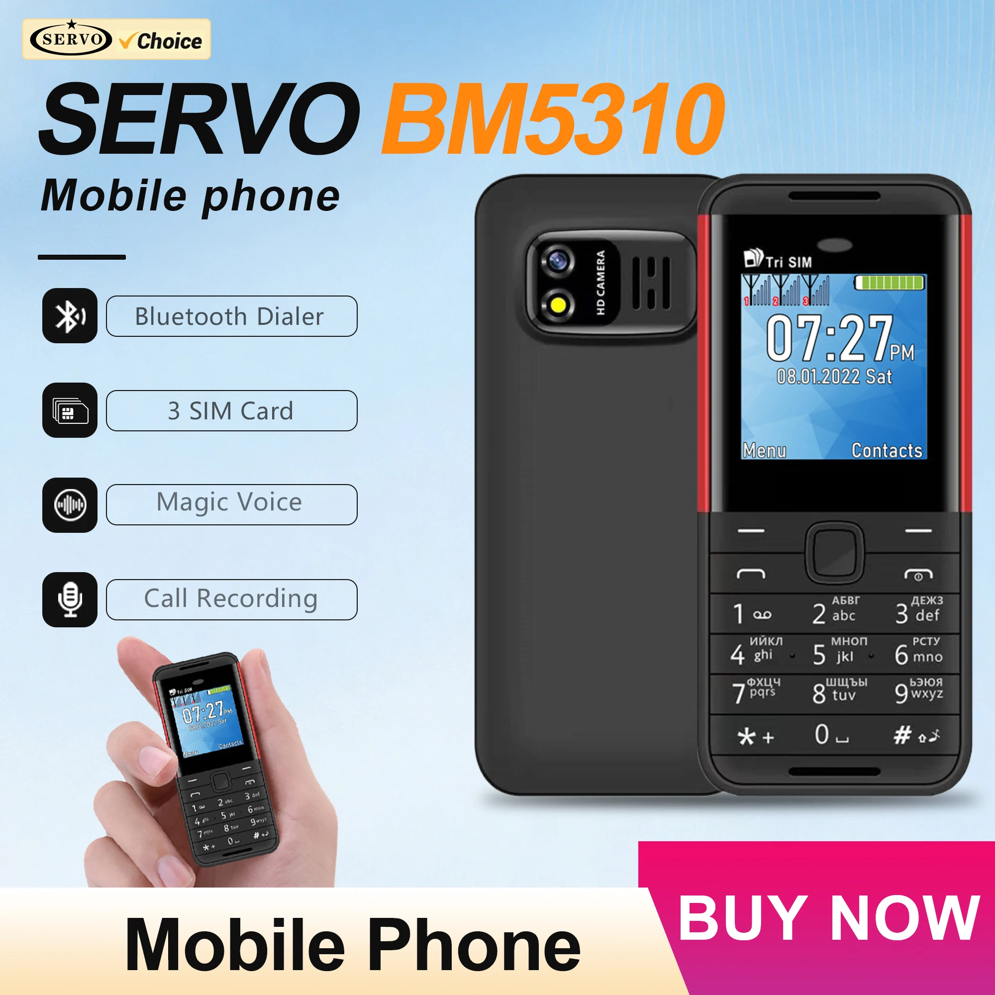 SERVO BM5310 Mini 3 SIM Standby Mobile Phone Speed Dial Magic Voice Bluetooth Dialer FM Radio Rear Camera 2G Backup Small Phones
