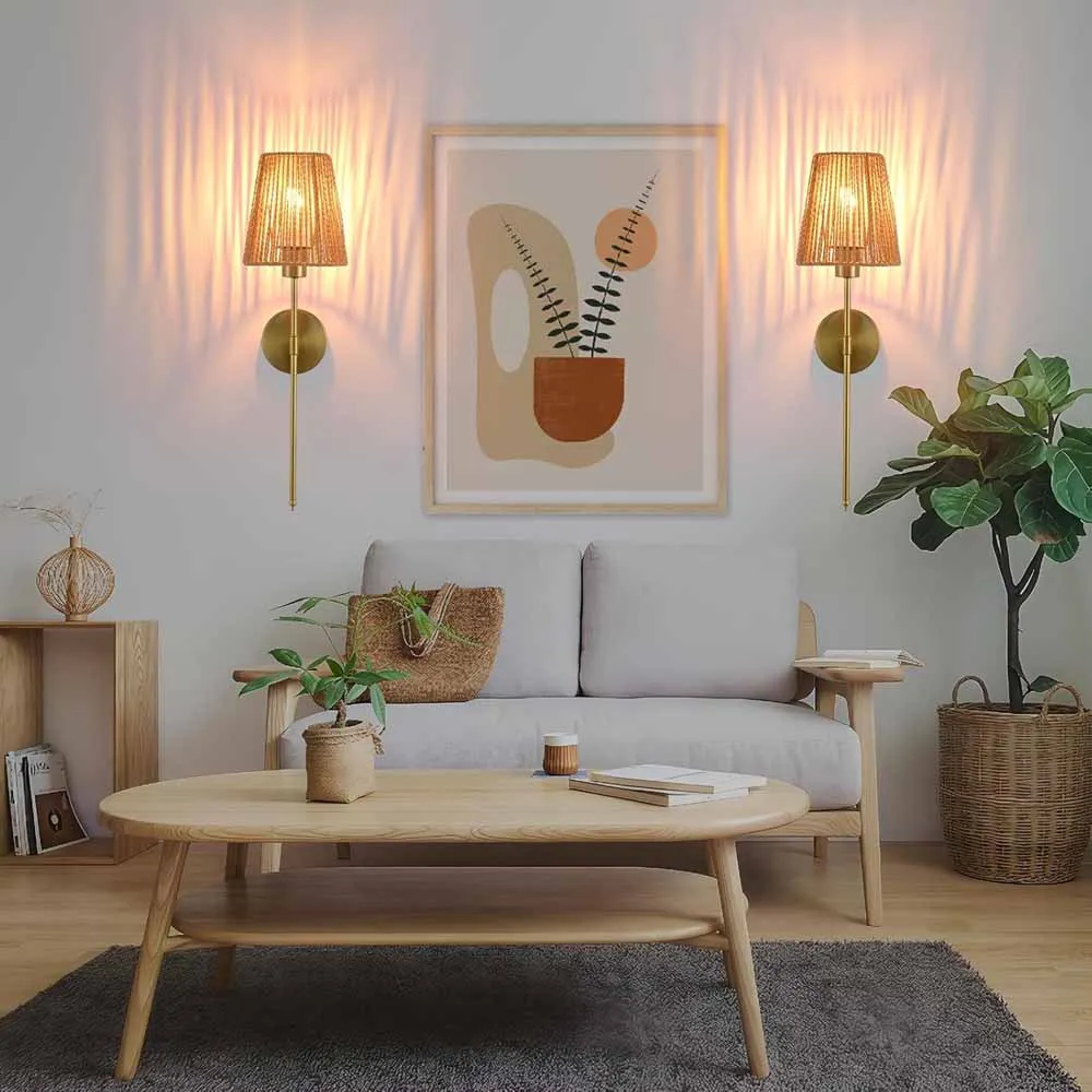 Vintage LED Rechargeable Wall Lamp Handmade Hemp Rope Woven Minimalist Gold Black Decorative Lighting for Bedroom Study