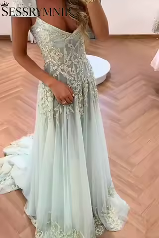 Luxury Evening Dresses Customize A-Line Square Neck Prom Dress Beadings Mint Lace Edging Floor-Length Sleeveless Evening