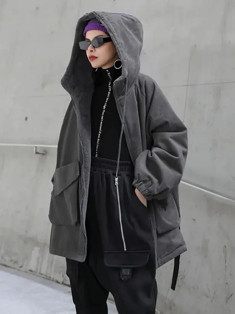 XITAO Solid Color Hooded Collar Parka Winter Women The New Bandage Letter Short Parka Coat Loose Street Fashion Casual ZY2543