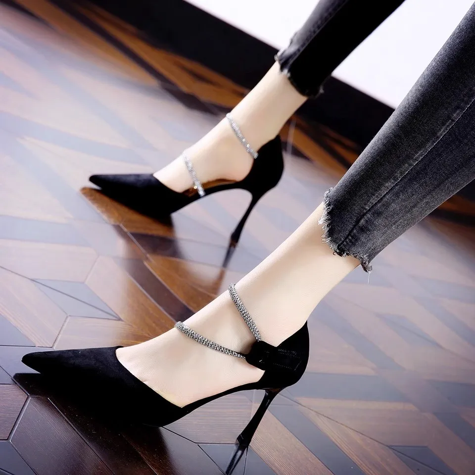 

Ankle Strap Women High Heel Sandals Side Empty Pointed Toe Pumps Bling Sexy Women's Elegant Sandals Banquet Wedding Lady Shoes