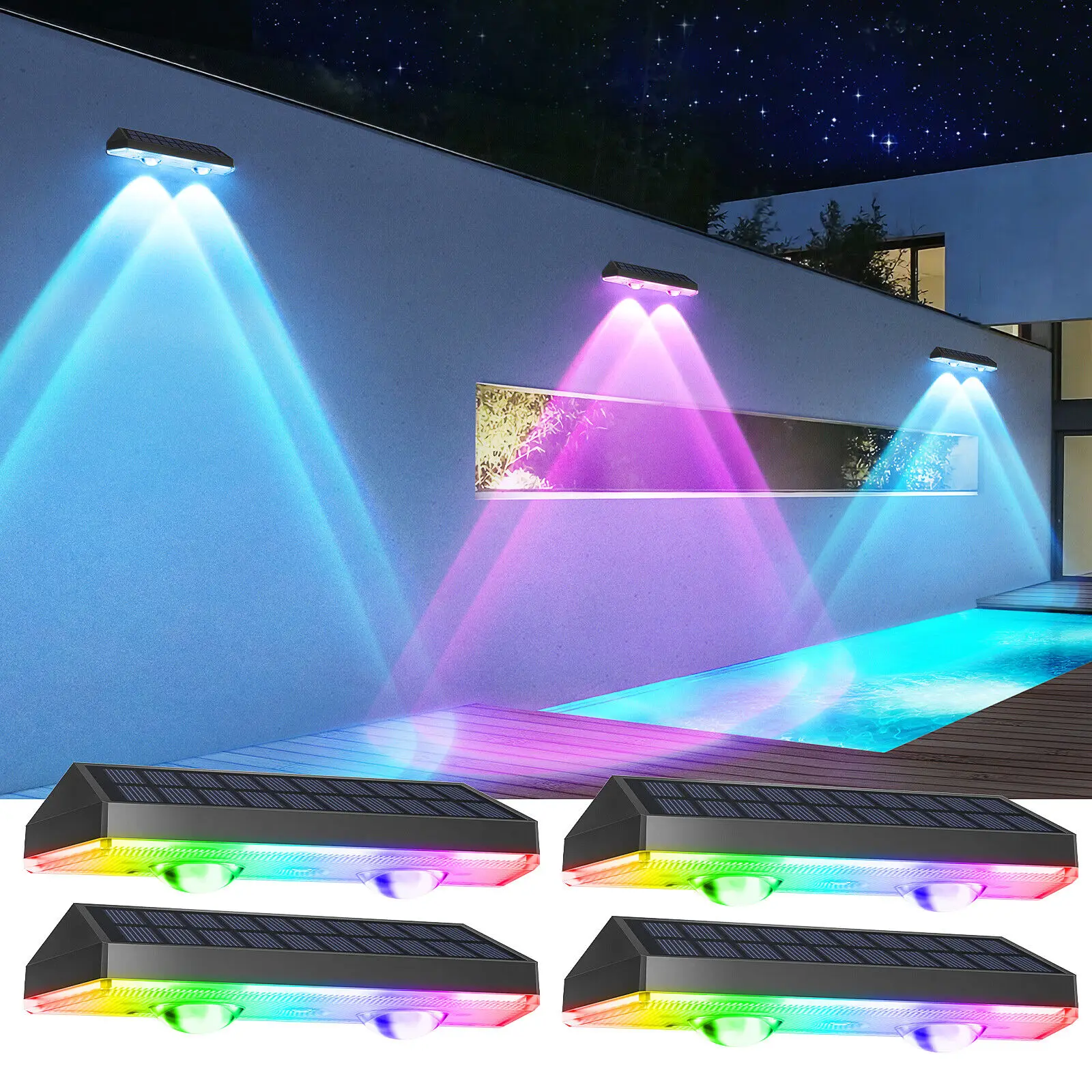 Super Bright 2PCS Solar Fence Lights RGB and Warm White LED Solar Step Lights Outdoor Wall Lights IP65 Waterproof Decor Lamp