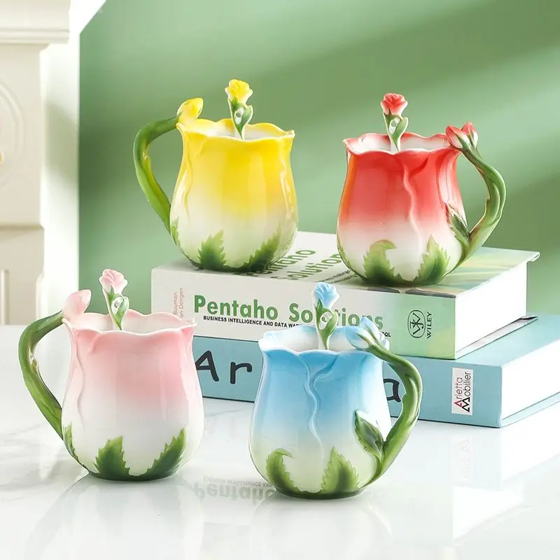 

European Style Enamel Ceramic Coffee Mug Creative 3D Rose Flower Shape Lreative 4 Colors Household Breakfast Milk Cup with Spoon