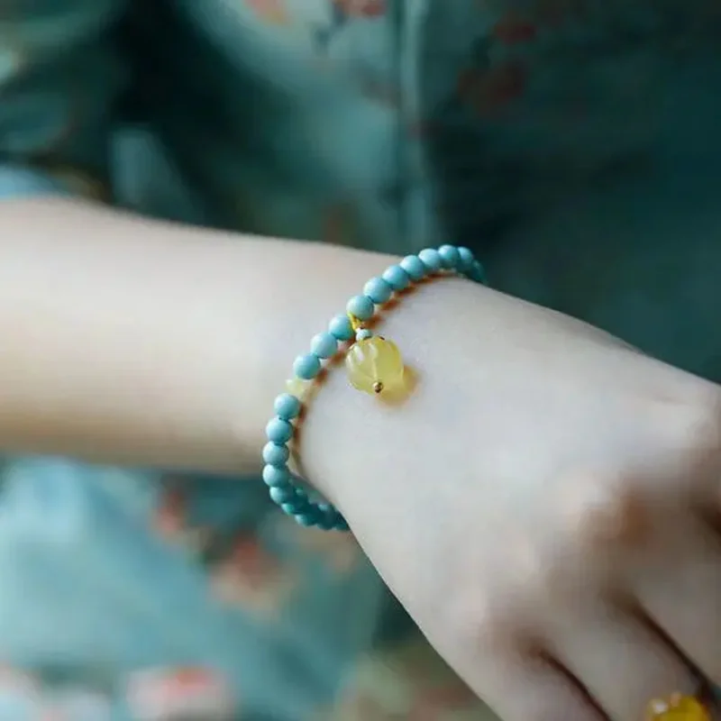 Pulsera azul turquesa de porcelana alta Natural, sin optimización para enviar a novia, cera de abeja, calabaza, cuerda de mano delgada blanca