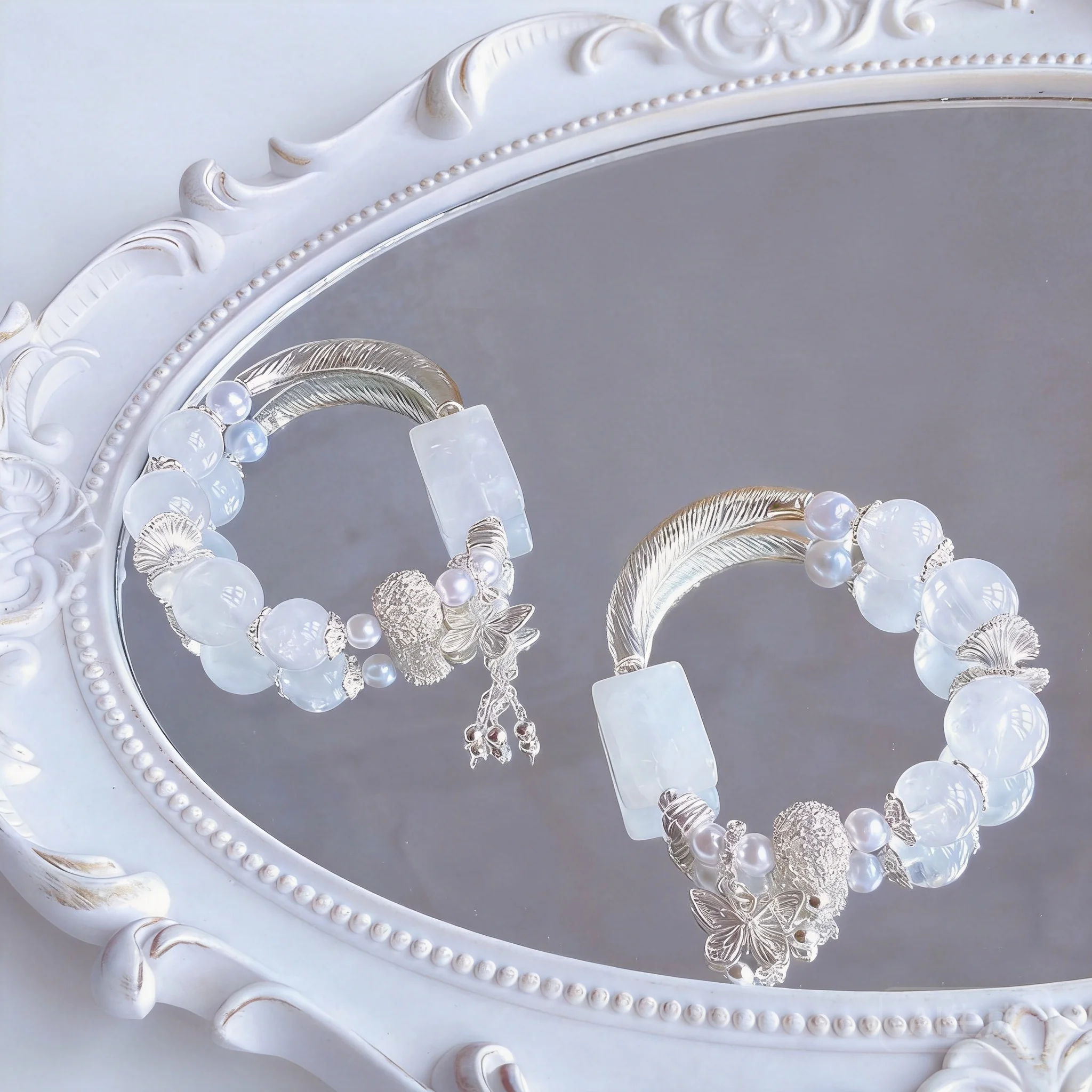 

Chinese Style Lucky Natural White Crystal Bracelet White Phantom Peace Tag Half Bangle Butterfly Charm Beaded Bracelet For Women