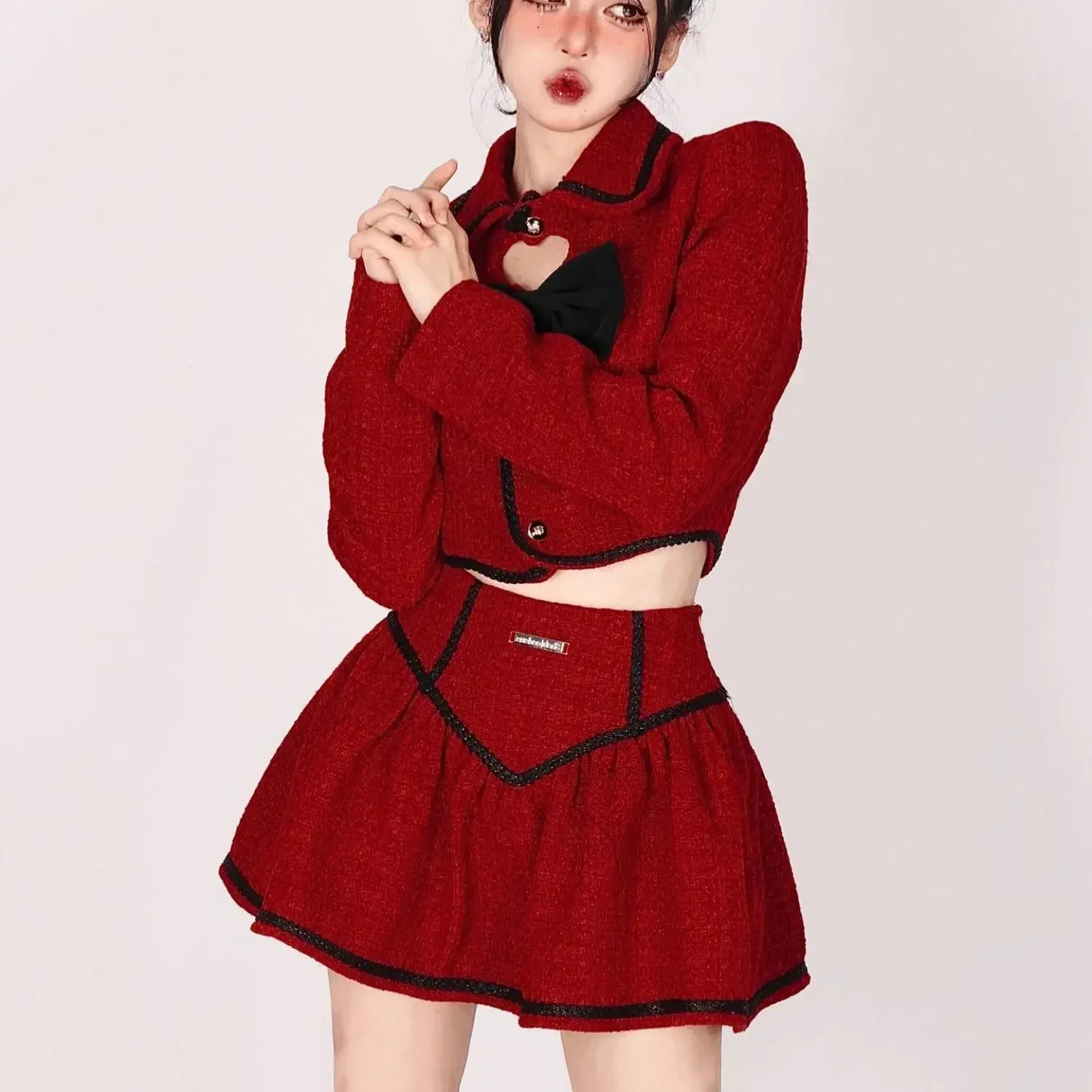 Coalfell-Conjunto elegante de 2 piezas para mujer, chaqueta de lana con lazo de perlas, minifalda roja de Navidad para otoño