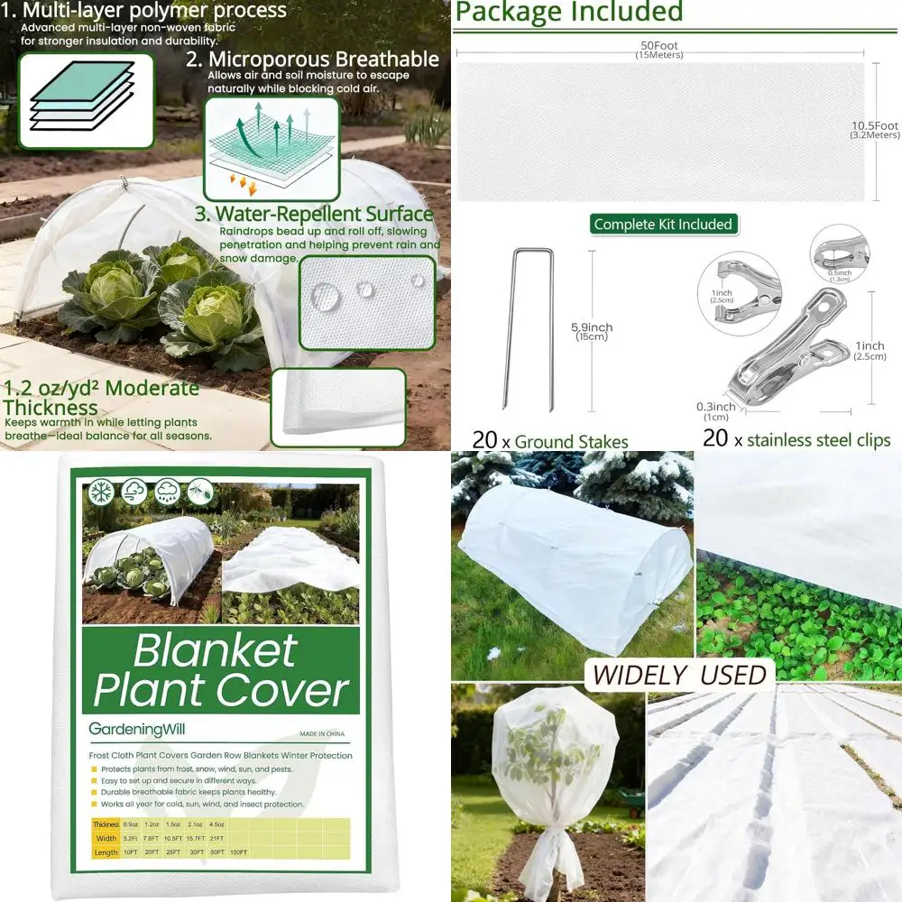

10.5Ft x 50Ft Frost-Resistant Plant Cover - 1.2oz/yd² Garden Freeze Blanket with Clips & Ground Stakes for Winter Outdoor Plant
