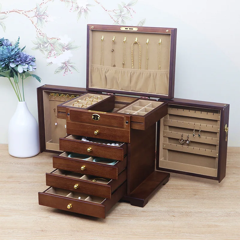 

Деревянная шкатулка для украшений, ретро-органайзер для колец и браслетов, изысканный футляр для хранения ювелирных изделий большой вместимости