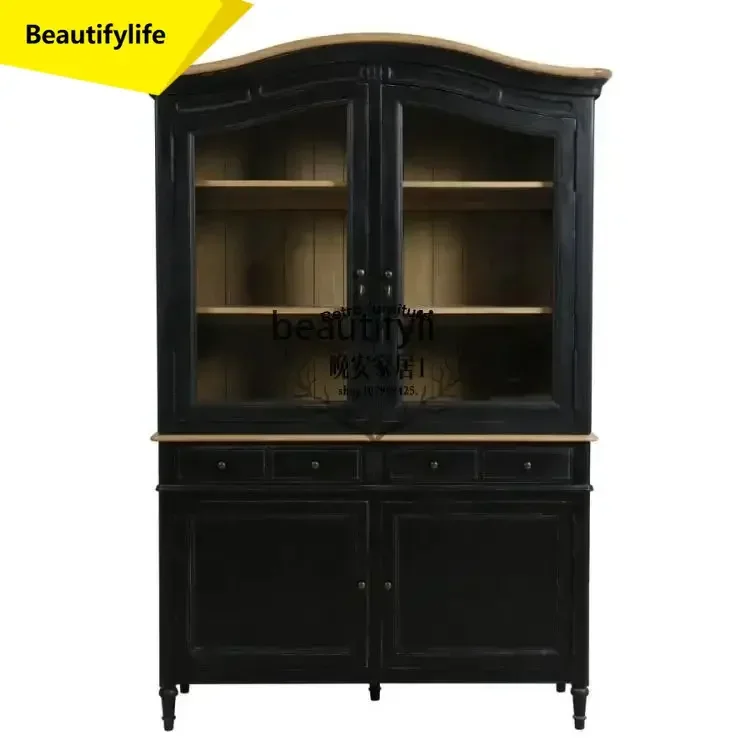 Q181 BAmerican rural solid wood dining side cabinet retro and old curved locker French black storage cabinet