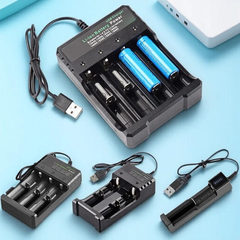 Chargeur de batterie Li-ion USB 5V, 4 emplacements, Compatible avec 10440 14500 16340 16650 18350 18500 18650, coupure automatique sûre