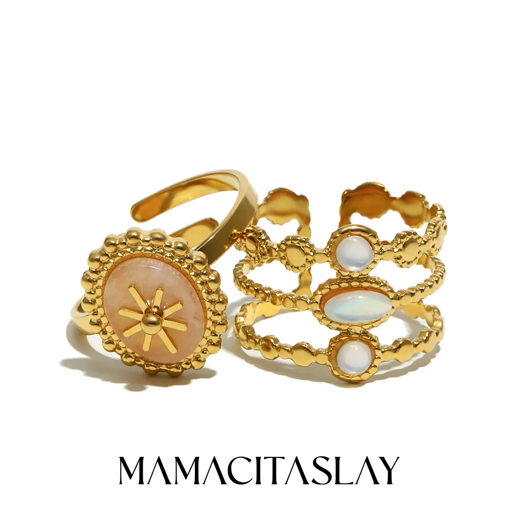 MamacitaSlay 316L Stainless Steel Sun Natural Stone Opal Stackable Ring 18K Gold Plated Waterproof Jewelry For Women Daily Wear