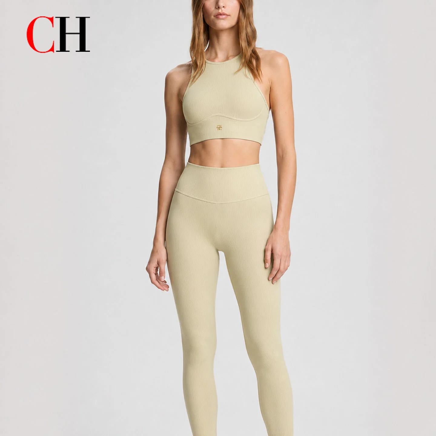 CH Women's Seamless Ribbed Yoga Set Sports Underwear High Waist Leggings Two Piece Fitness Playground Fitness Running Sportswear