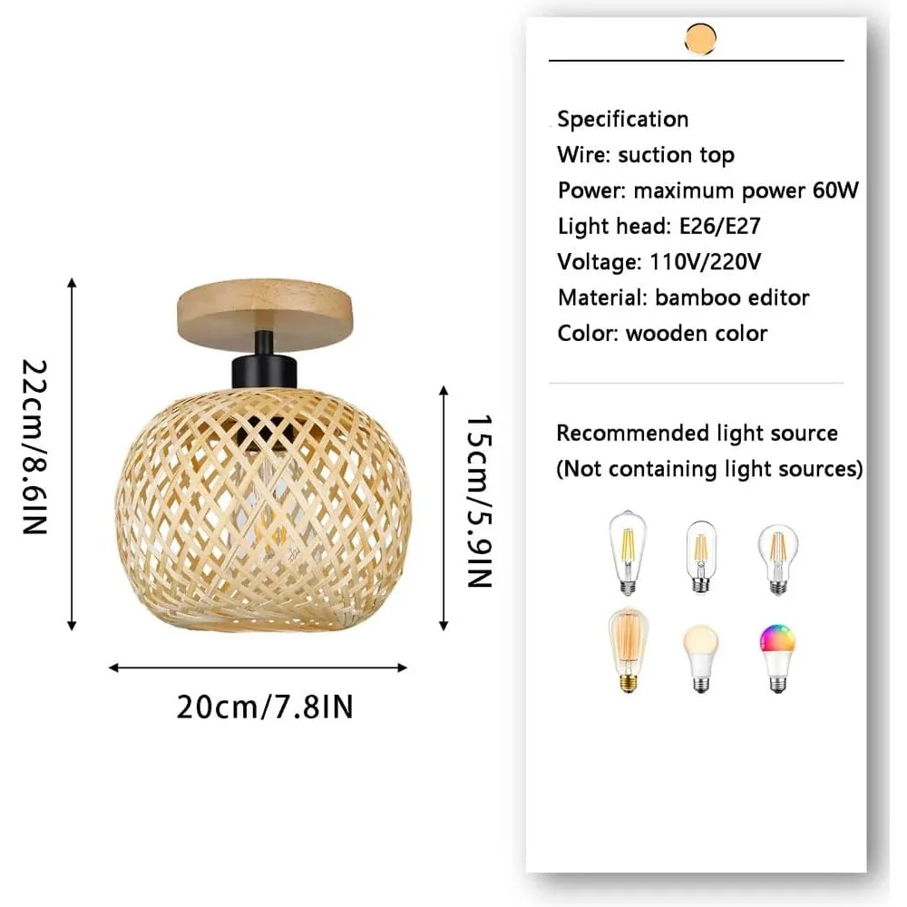 1-Light Bamboo Cage Ceiling Light Rural Style Semi Flush Mount Ceiling Lamp chandelier for Dining Room Bedroom RestaurantE26/E27