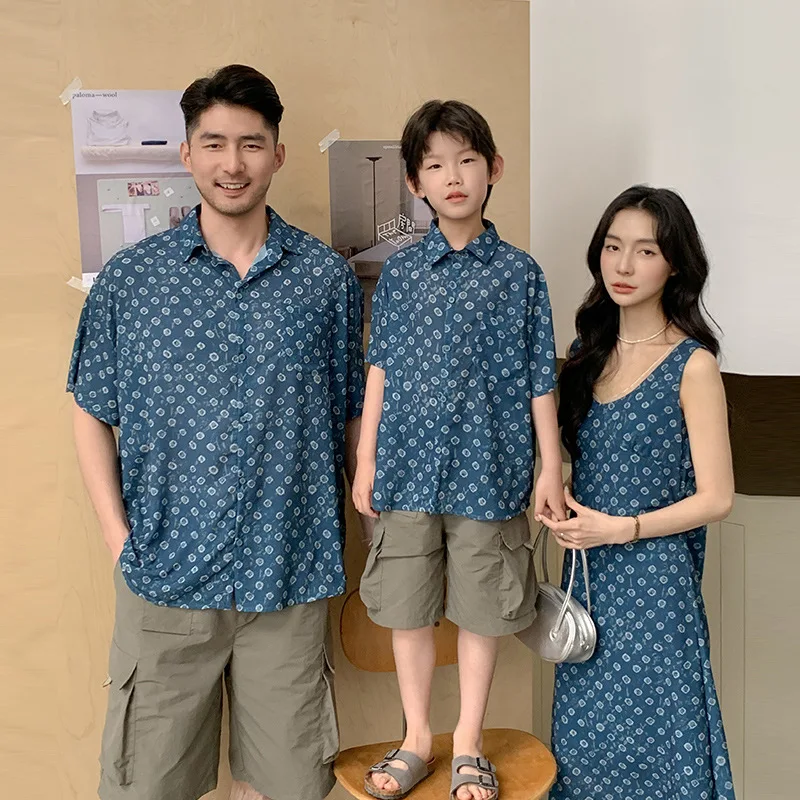 2026 Summer Family Matching Outfits Geometric Floral Print Shirt & Midi Dress Set For Mom Dad Kids Casual Beach Wear