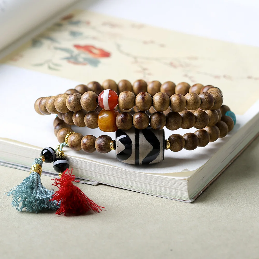 Triple Loop Butter Agarwood Bracelet Chinese Style Necklace with Double Tiger Tooth Dzi Bead Bone Clavicle Chain Gifts