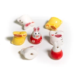 2pcs Handmade Ceramic Cartoon Rabbit Beads, Hand Drawn Rabbit,Unique Handcrafted Bunny Beads Hand Painted Cute Rabbit Charms