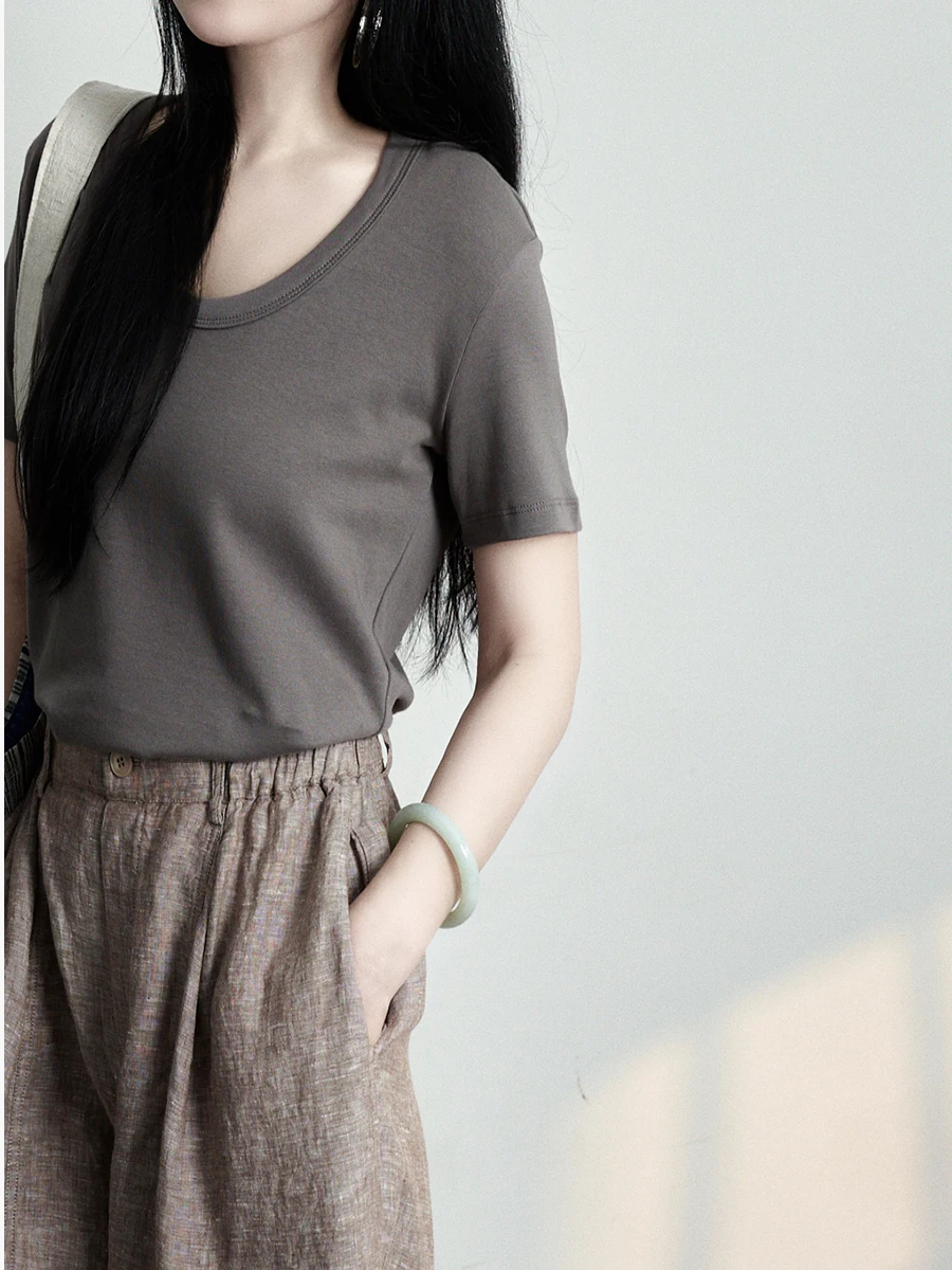 Artistic Versatile Comfortable Elastic Cotton Short Sleeve U-Neck T-Shirt Multiple Colors Standard Fit Ladies Fashion
