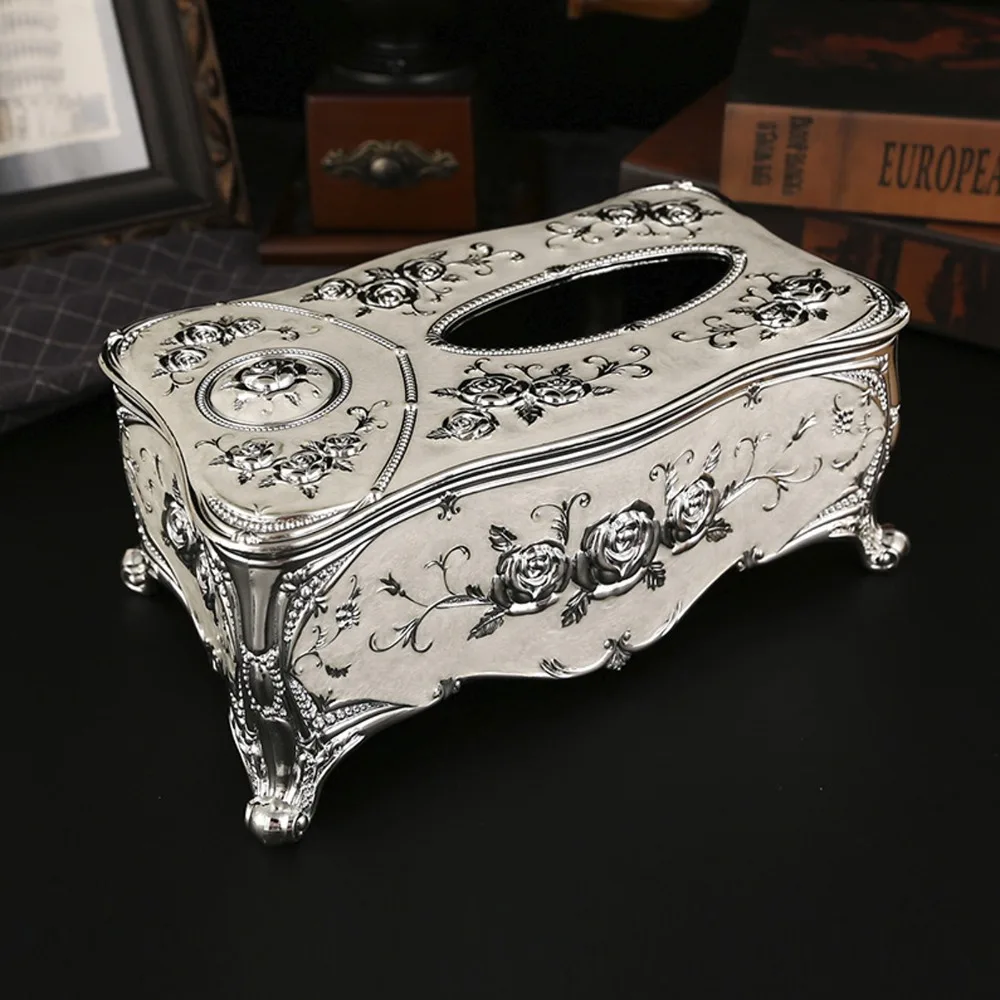 3D Rose Rose Tissue Box Toothpick Slot Strong PP Tissue Box Holder Gold White Color Embossed Flowers Decorative Tissue Cover