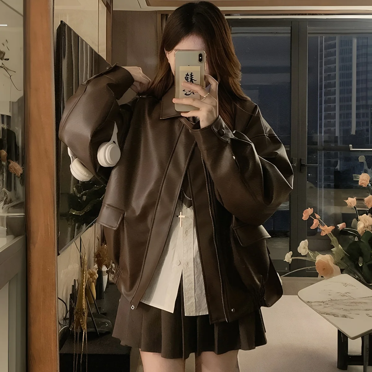 معطف نسائي من جلد البولي يوريثان للدراجات النارية من Or American Sle لخريف وشتاء وصل حديثًا مقاس صغير ودية وفضفاضة من البوليستر...