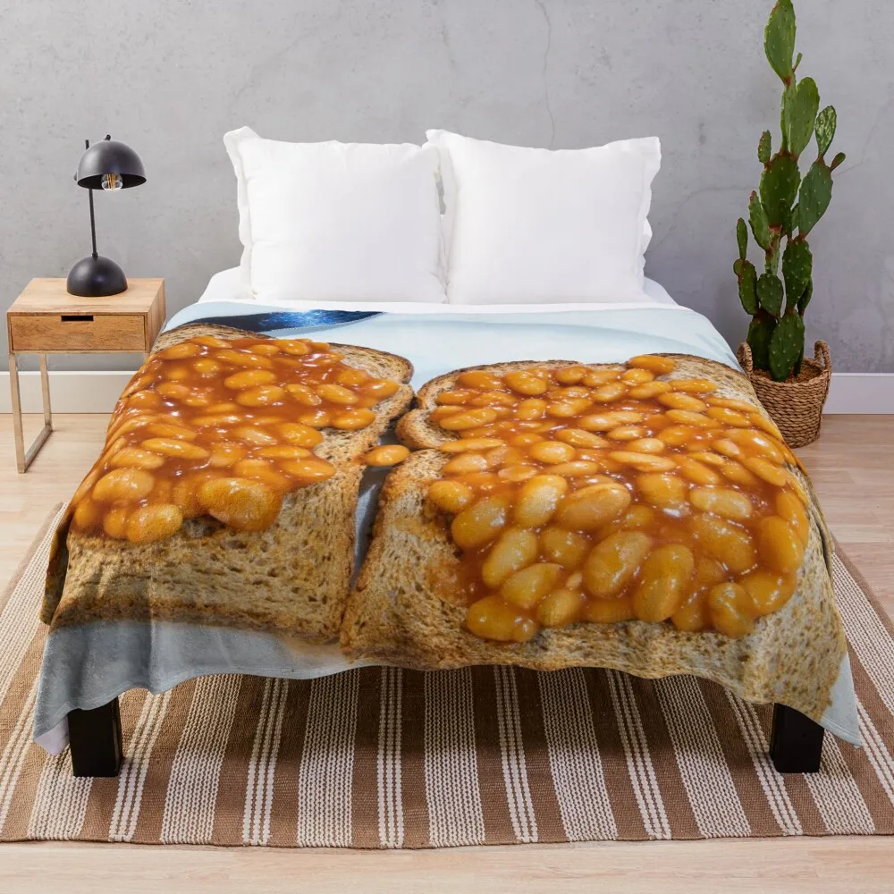 Baked beans on toast on white plate Throw Blanket 3D Blanket