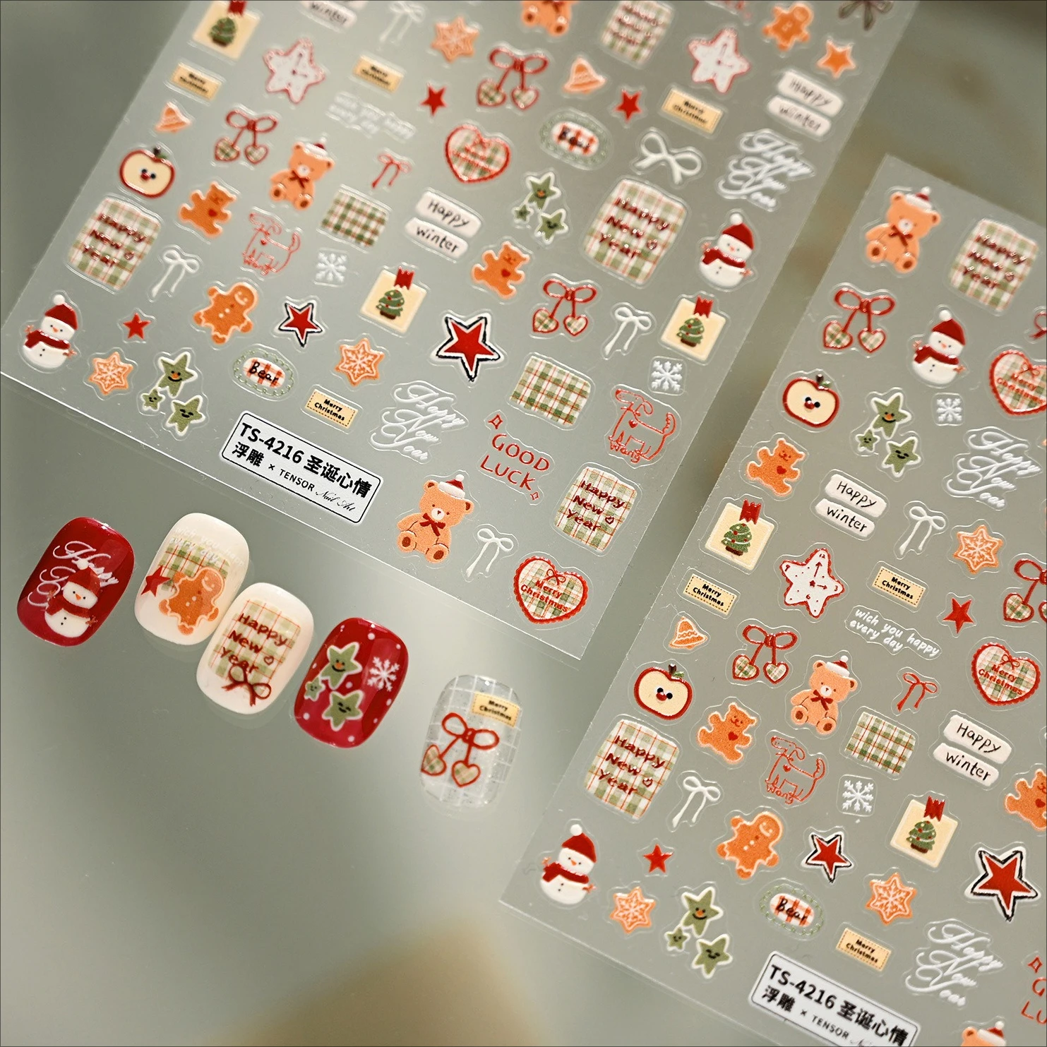 عيد الميلاد الدب Bowknot ثلج الحب القلب شريط النسيج ندفة الثلج الأحمر الأخضر ستار الكلب الزنجبيل مسمار الفن ملصق مانيكير مائي #3