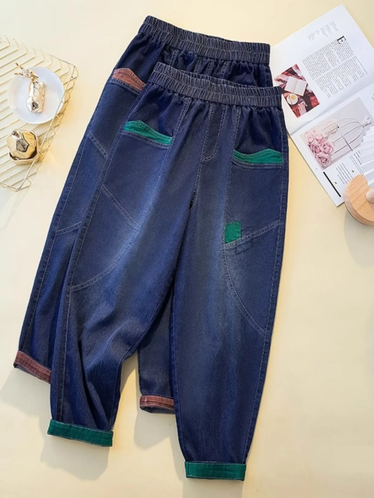 

Джинсы женские Harajuku с высокой талией, пэчворк, эластичные, утягивающие, весна-осень, большие размеры, цветные, длинные брюки в стиле Harajuku