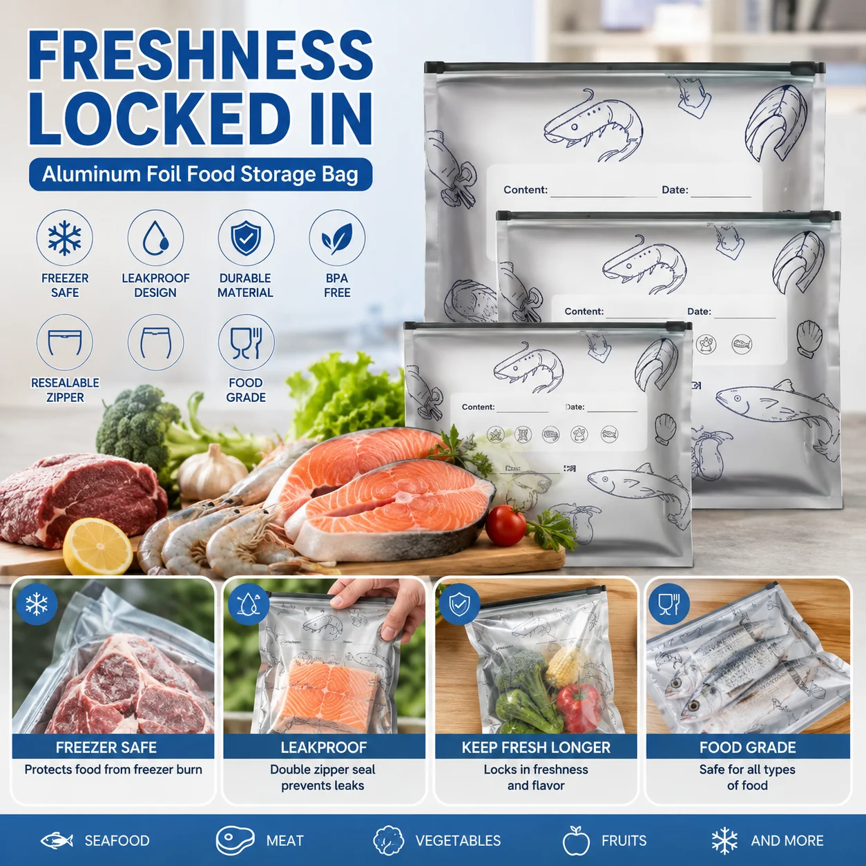 Reusable Aluminum Foil Food Storage Bag Zipper Seal Airtight Leakproof Freezer Fresh Keeping Bag for Meat Seafood Vegetables