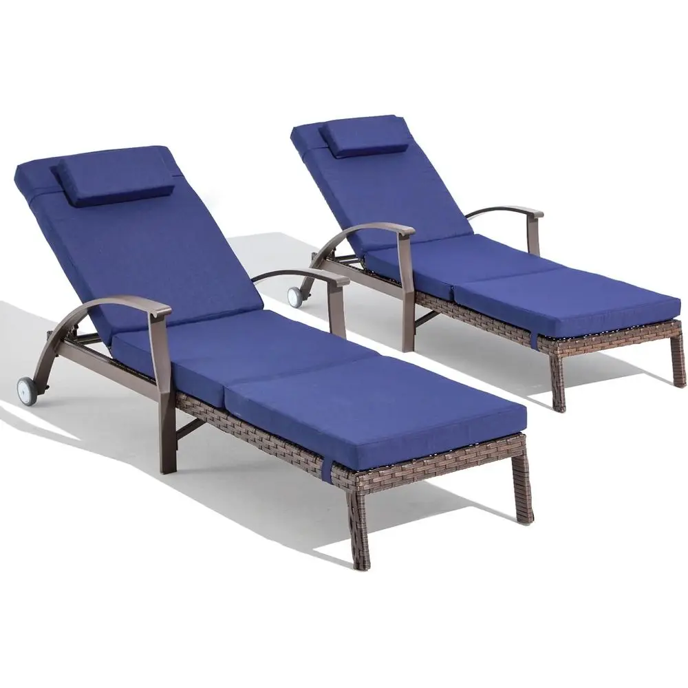 

Set of 2 Wheeled and Adjustable Backrest Chairs, Set of 2 Cushioned Pool Lounge Chairs, Blue Wicker Outdoor Lounge Chairs