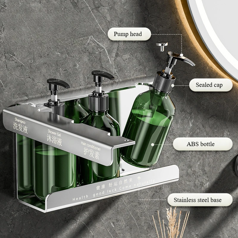 Dispenser di sapone liquido + set di staffe in acciaio inossidabile Shampoo Bottiglia di spinta in ABS per cucina/bagno montata a parete senza perforazione