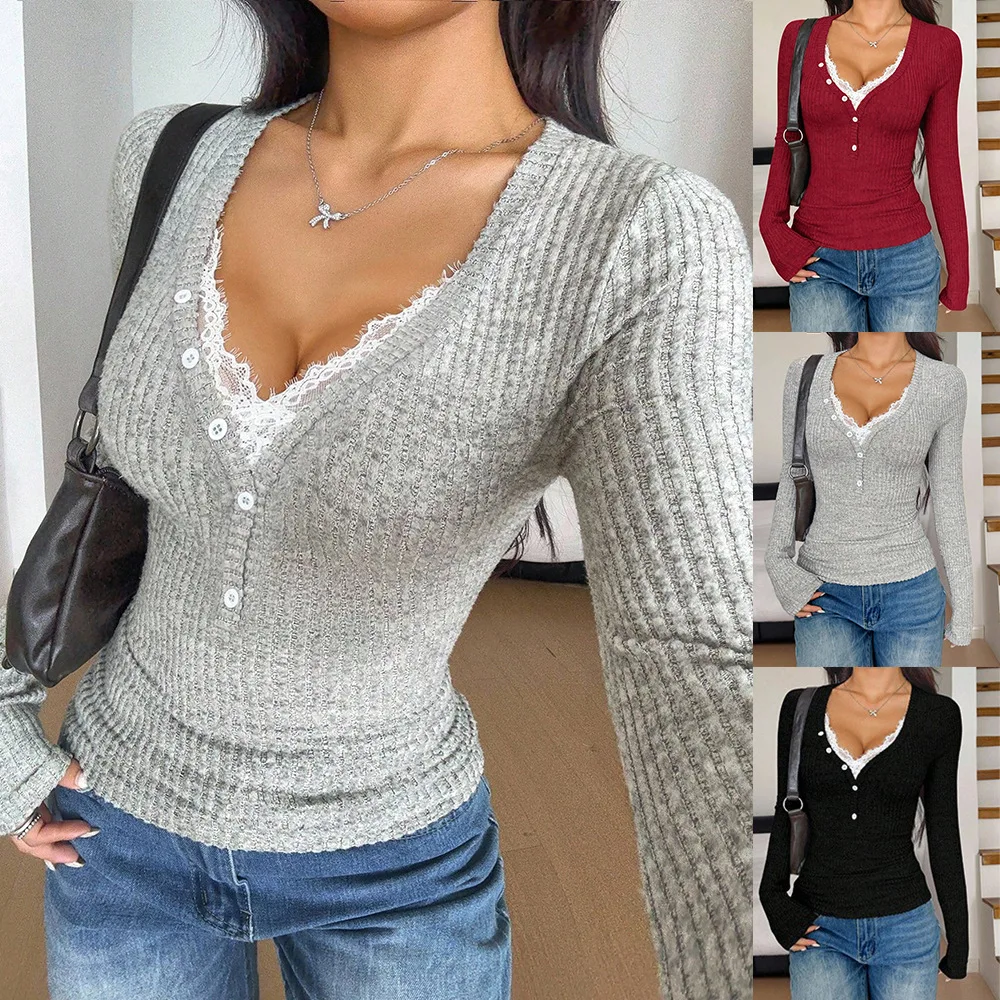 Matte Color Vneck Women's Tshirt Standard Fit Long Sleeve Lace Detail Breathable Polyester Blend Casual Wear for All Occasions