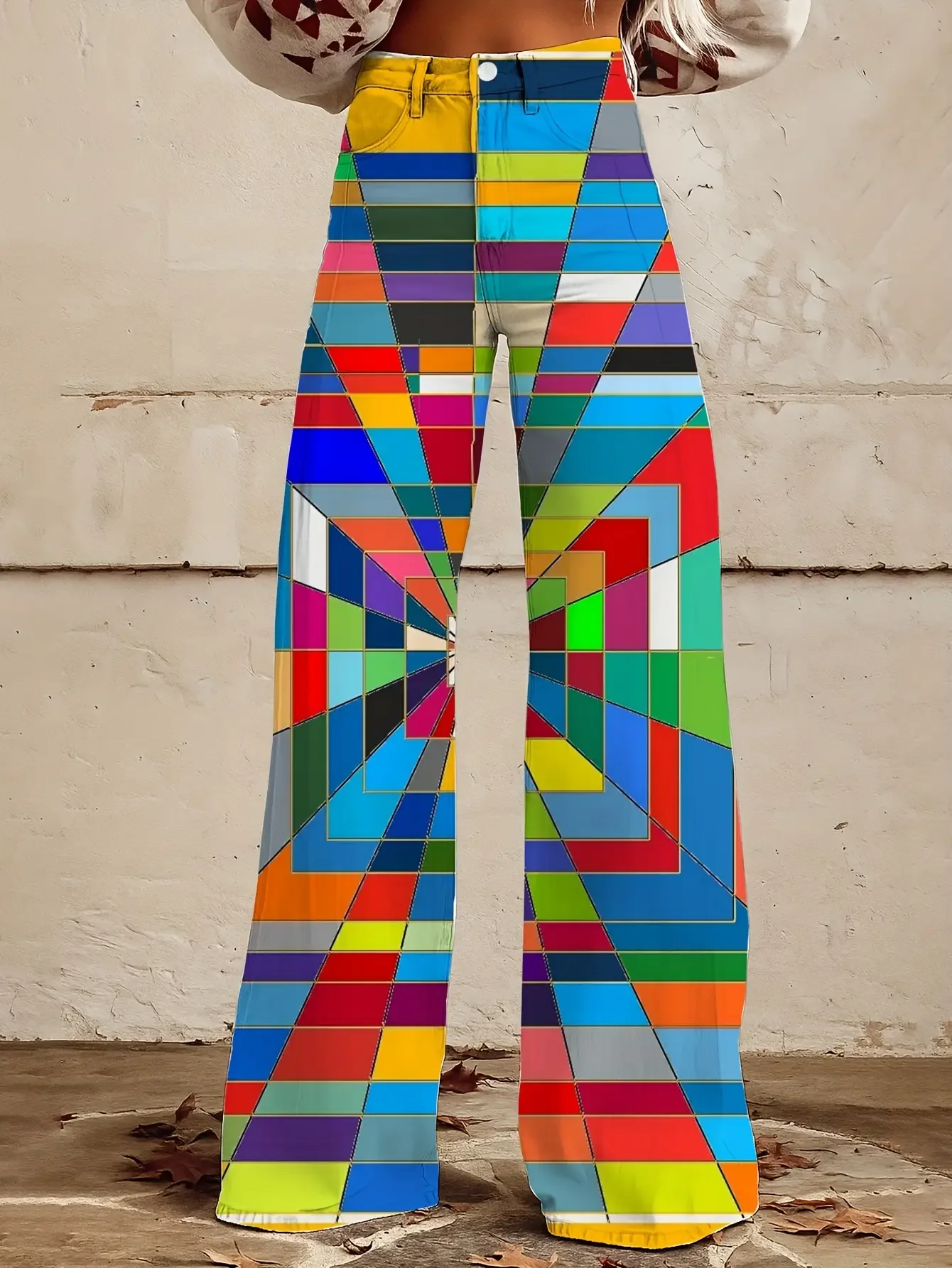 3D women's imitation jeans 2026Ladies' slim fit wide leg flared pants, fashionable retro multifunctional casual pants for women