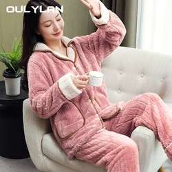 Autumn Winter Solid Color Pajamas Sets Women Flannel Pajamas Long Sleepwear Girl Pajamas Mujer Suits Homewear