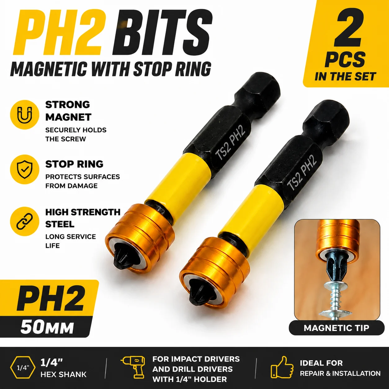 S2 Steel Phillips Screwdriver Bit Set Magnetic Cross Head Power Drill Bits 1/4 Hex Impact Driver Accessories