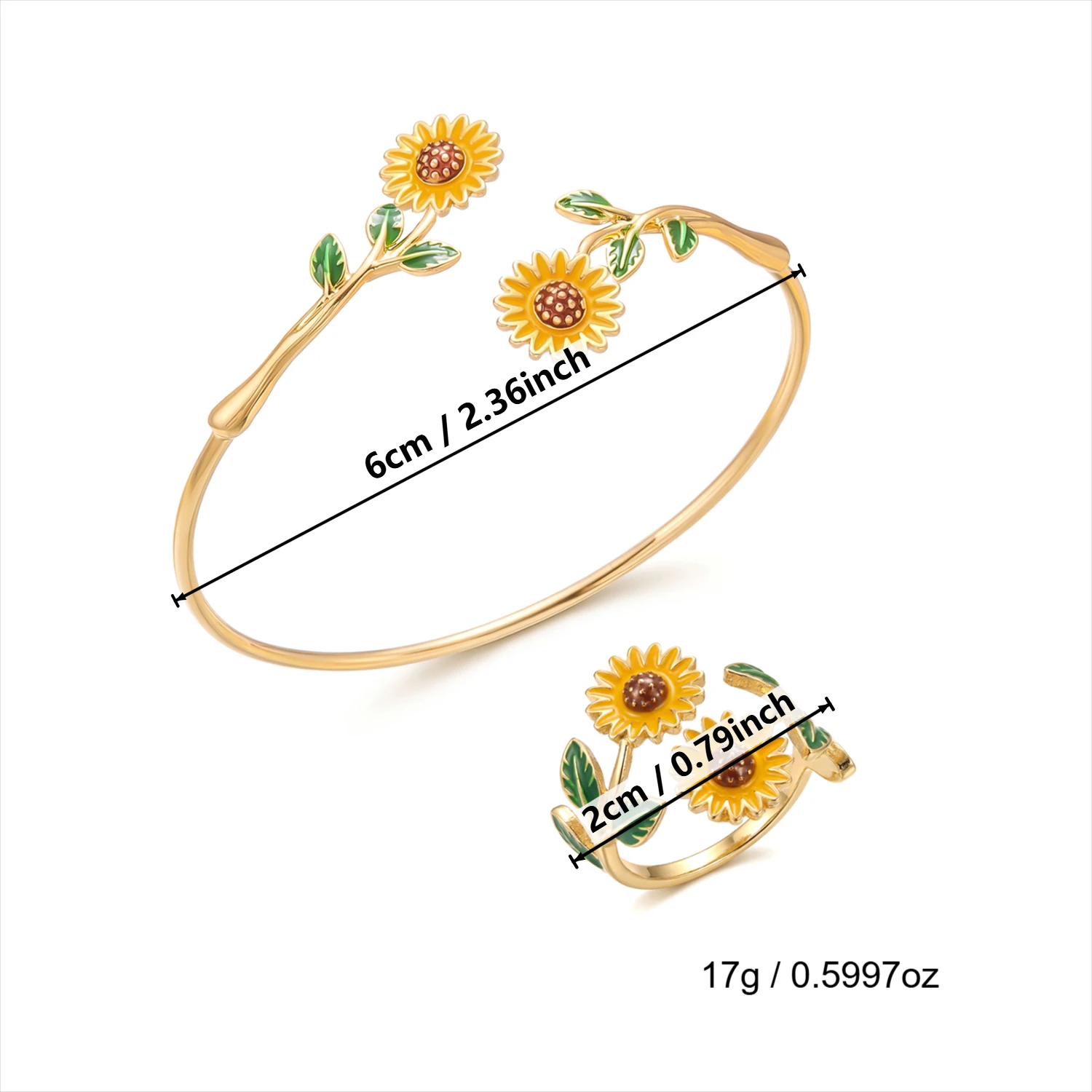2-teiliges Elegantes Sonnenblumen-Armband und Ring Set für Damen, Emaille-Gänseblümchen Blumen-Manschette Armreif Fingerring Charms Party Hochzeit Schmuck – Detail 7