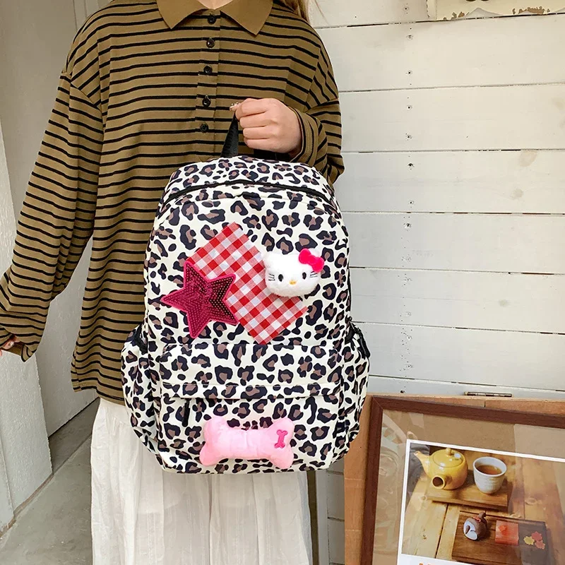 Sanrio new 2025 popular cartoon Hello Kitty doll printed leopard print backpack large capacity school travel backpack