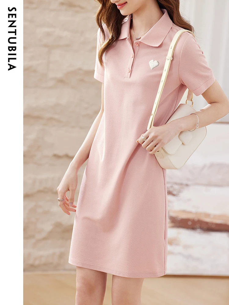 

Sentubila Casual Summer Short Sleeve Polo Dress for Women 2023 Fashion Straight Elegant Love Embroidery T-Shirt Dresses