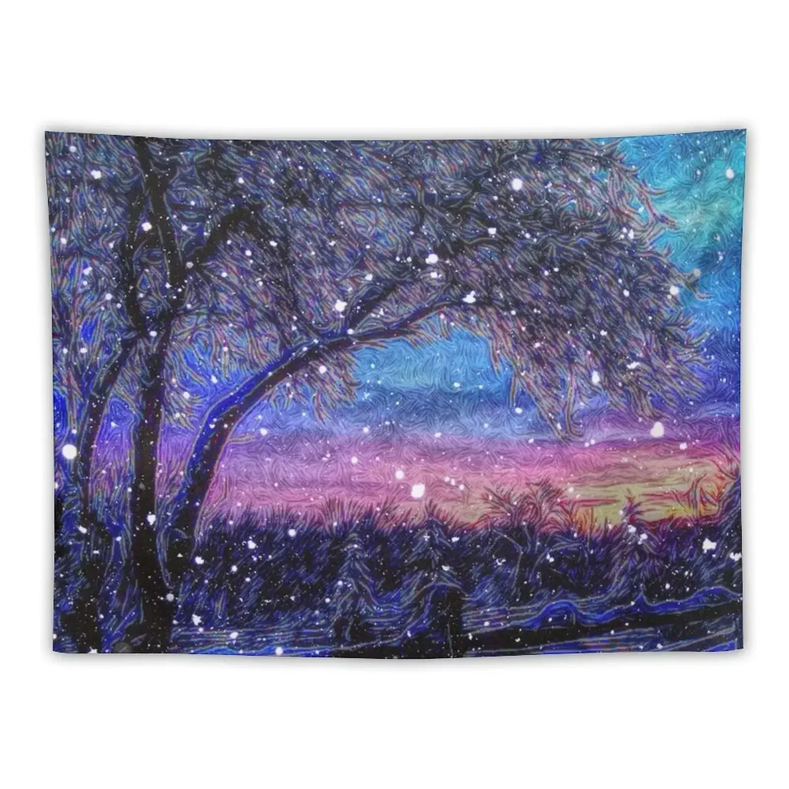 

Elegant purple blue winter sunset farm landscape trees and fence Tapestry Room Decorator Bedrooms Decorations Art Mural Tapestry