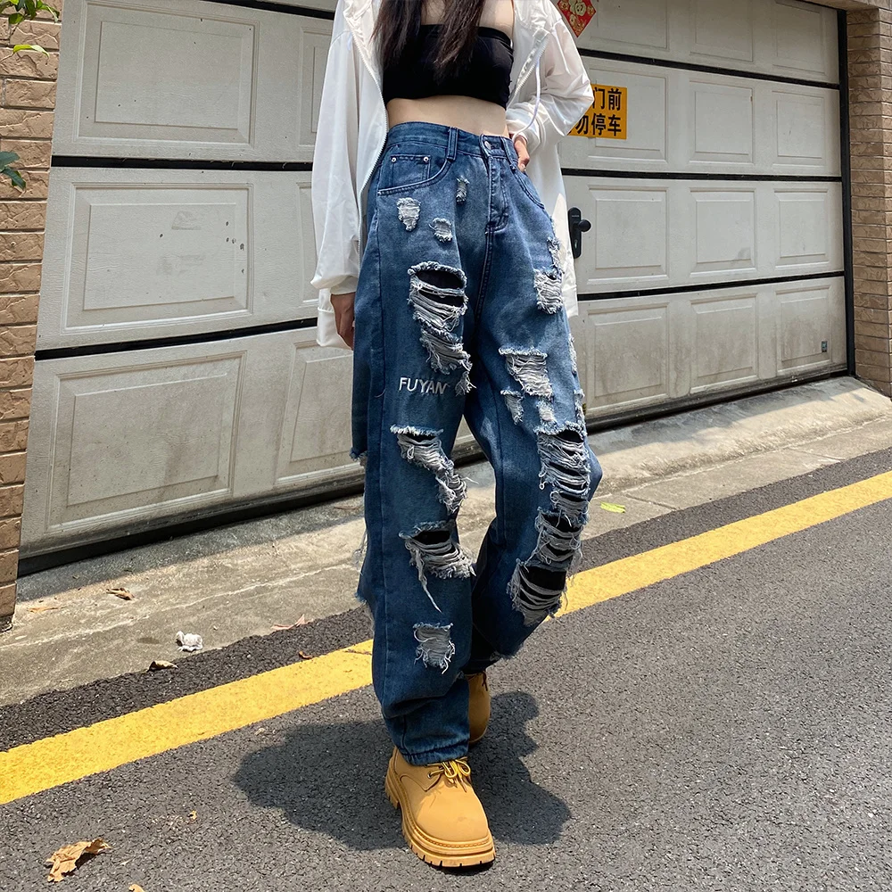 Man Women Ripped Jeans Broken Holes Hip-hop Loose Casual Denim Pants Versatile Chic High Street High Waist Straight Trousers