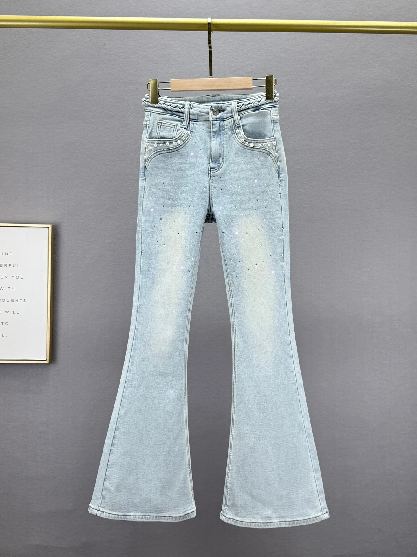 

Женские джинсы-клеш с высокой талией, облегающие, модные, осень-зима 2025, новые, украшенные стразами, из эластичного хлопкового денима