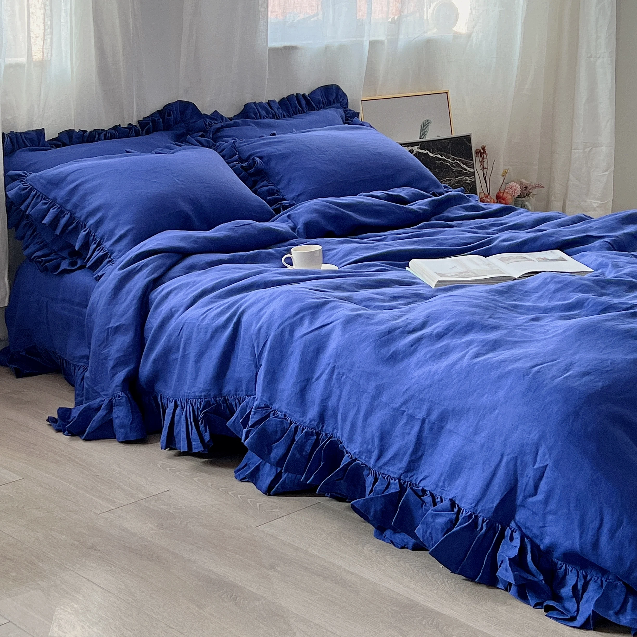 Klein Blue ruffled Four Piece Bedding Set