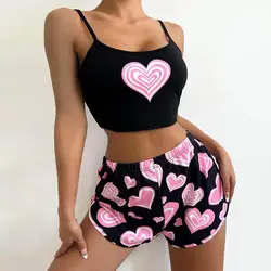 Women Pajama Set Printed Summer Pajamas Set for Women Spaghetti Strap Crop Top High Waist Shorts Elastic Homewear Sleepwear Set