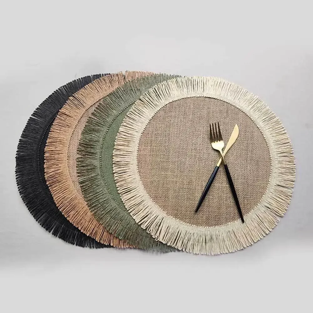 Jute Linen Placemat Simple Fringe Round Shape Table Mat Heat Insulation Non-slip Coaster Mat Table Mat