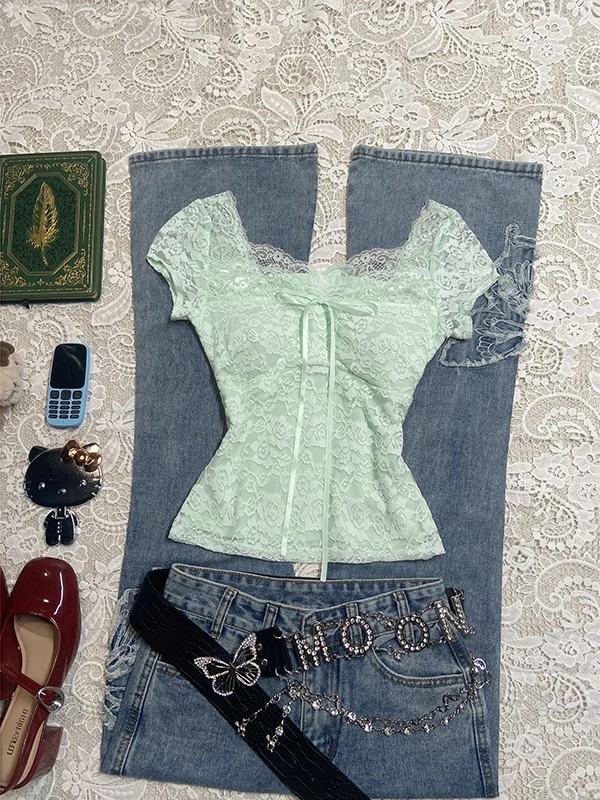 Słodka koronkowa bluzka dla kobiet z węzłem, żółto-brązowa, vintage, letnia, BaoYao Girl, oryginalny projekt, mieszanka bawełny.