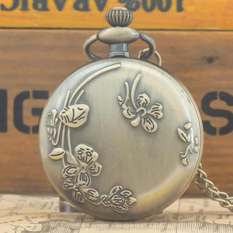 Vintage Bronze Steampunk No Cover Map Dial Quartz Pocket Watch Necklace Pendant Clock Chain Men Women Chain Gift